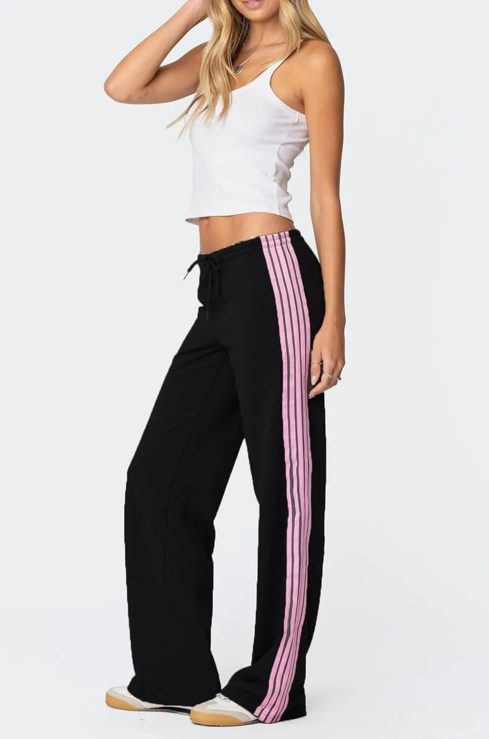 UAURORAO Women Y2k Track Pants Baggy Striped Joggers Sweatpants Elastic Waist Color Block Parachute Pants with Pockets