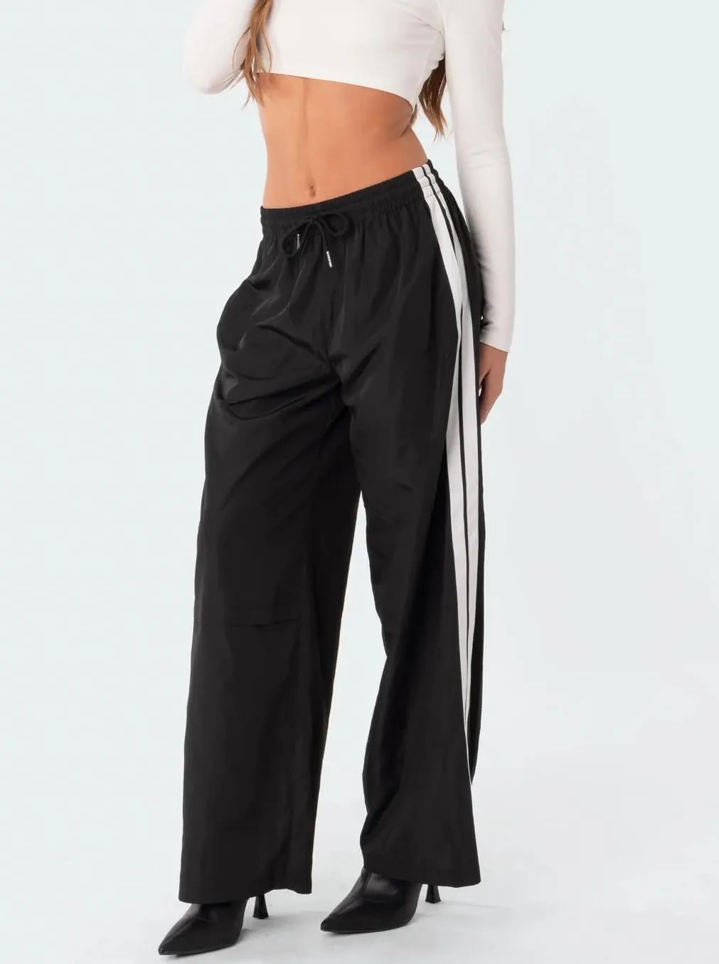 UAURORAO Women Y2k Track Pants Baggy Striped Joggers Sweatpants Elastic Waist Color Block Parachute Pants with Pockets