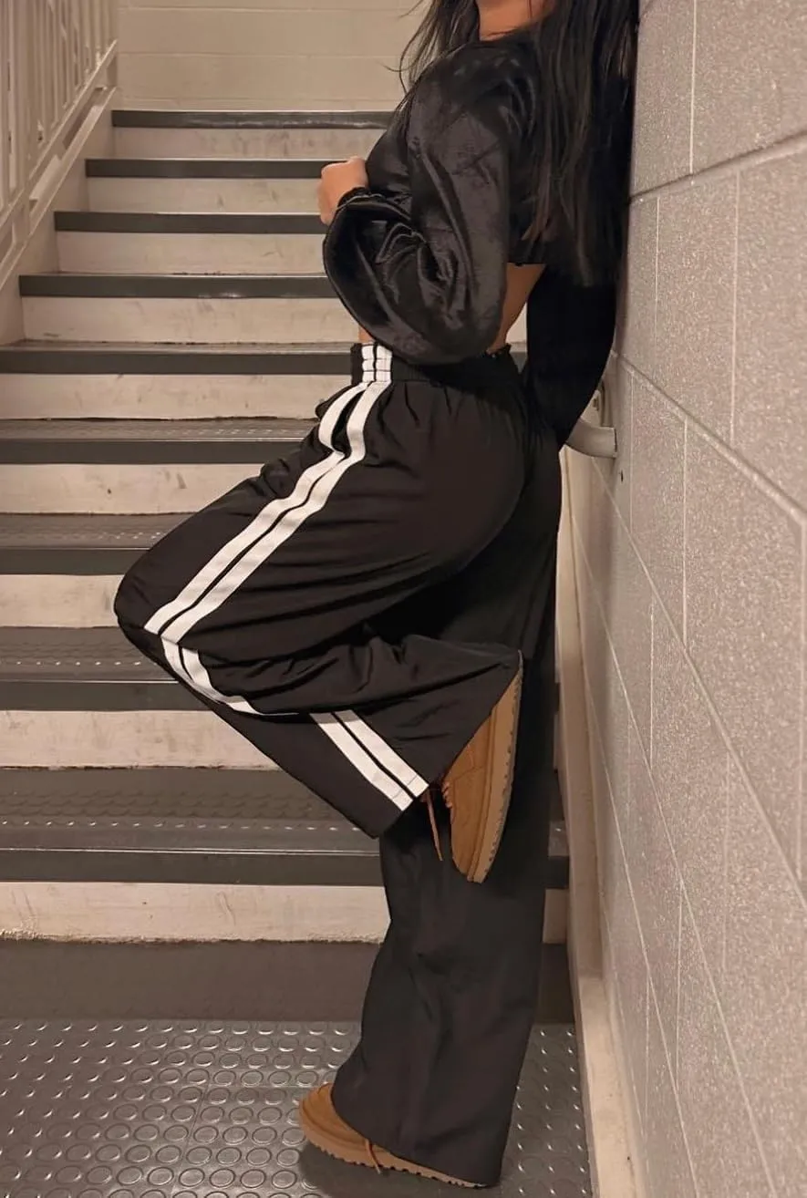 UAURORAO Women Y2k Track Pants Baggy Striped Joggers Sweatpants Elastic Waist Color Block Parachute Pants with Pockets