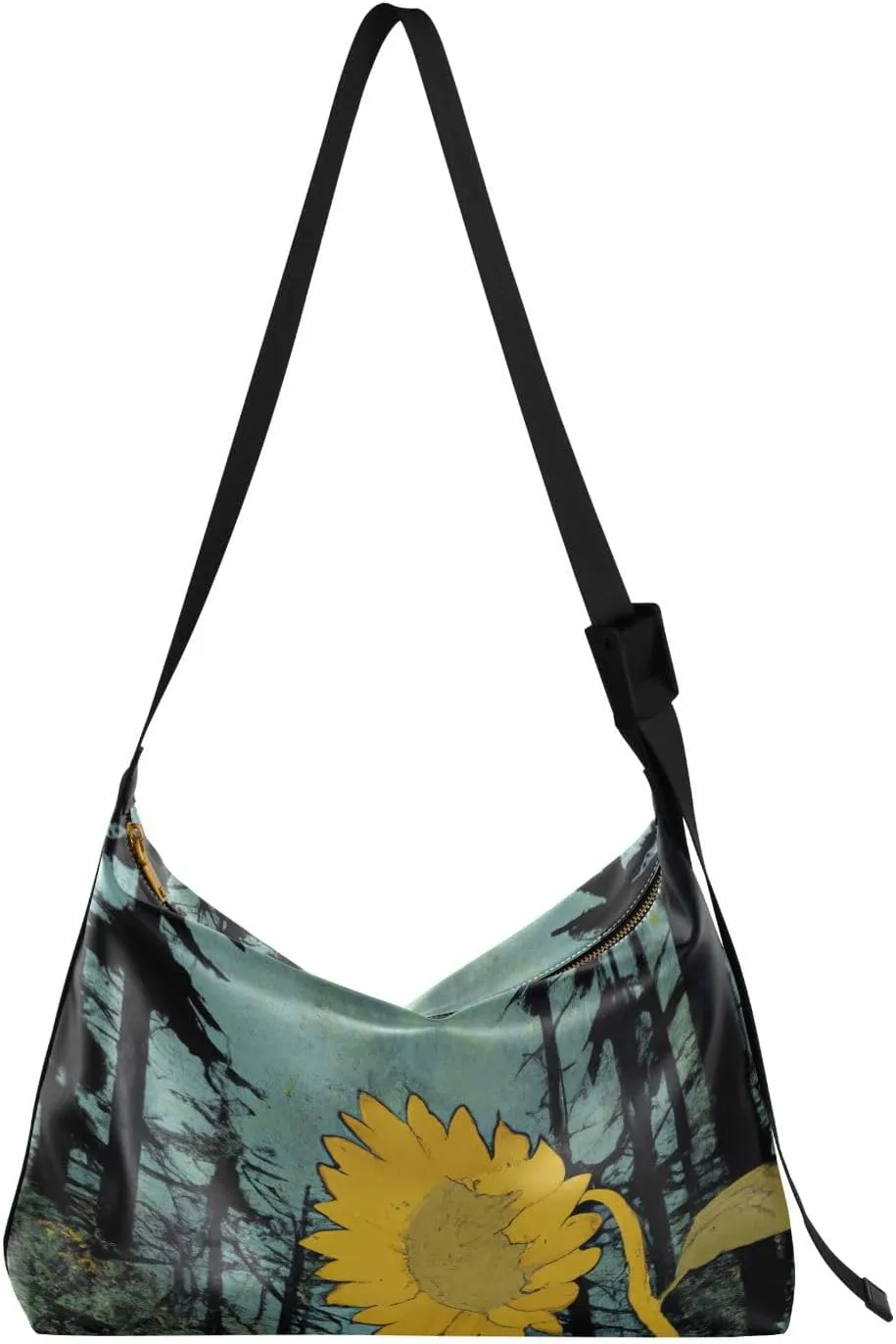 Ukiyo-e Artistic Sunflower Hobo Crossbody Bags for Women Leather Large Shoulder Bag Cross Body Empty Forest Trendy Womens Tote Bags Handbag for Travel Shopping