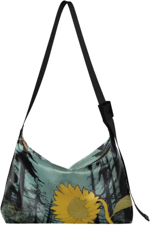 Ukiyo-e Artistic Sunflower Hobo Crossbody Bags for Women Leather Large Shoulder Bag Cross Body Empty Forest Trendy Womens Tote Bags Handbag for Travel Shopping
