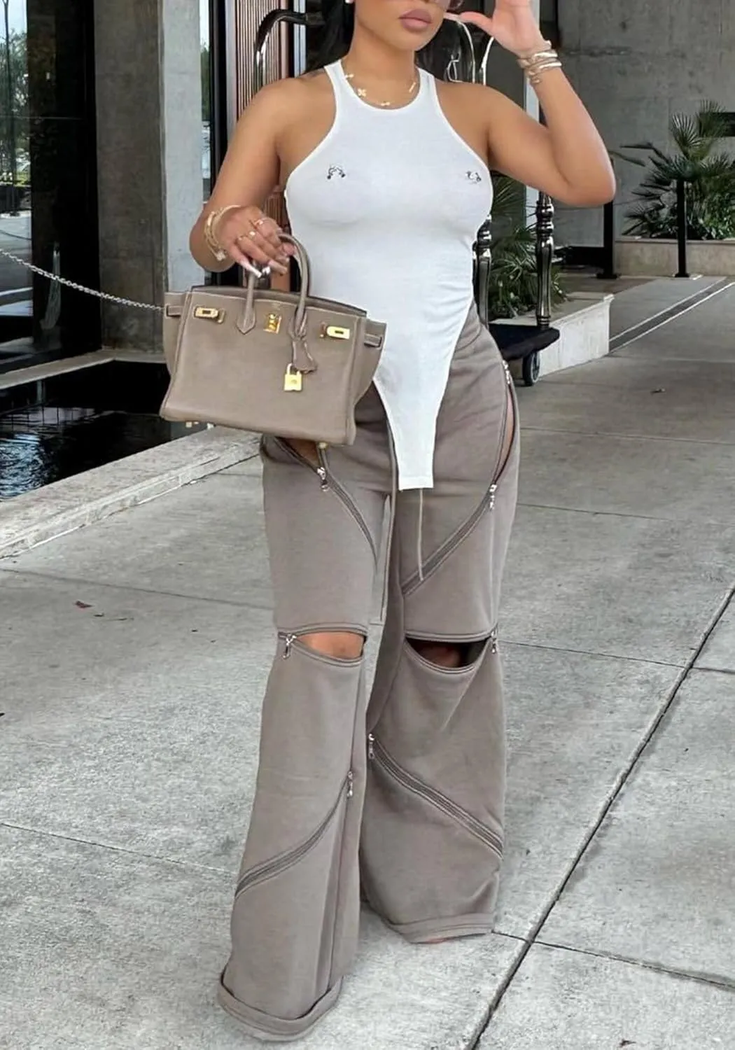 Unybwonn Women High Waist Wide Leg Y2k Sweatpants Baggy Patchwork Multi Zipper Ripped Cutout Joggers Pants Streetwear