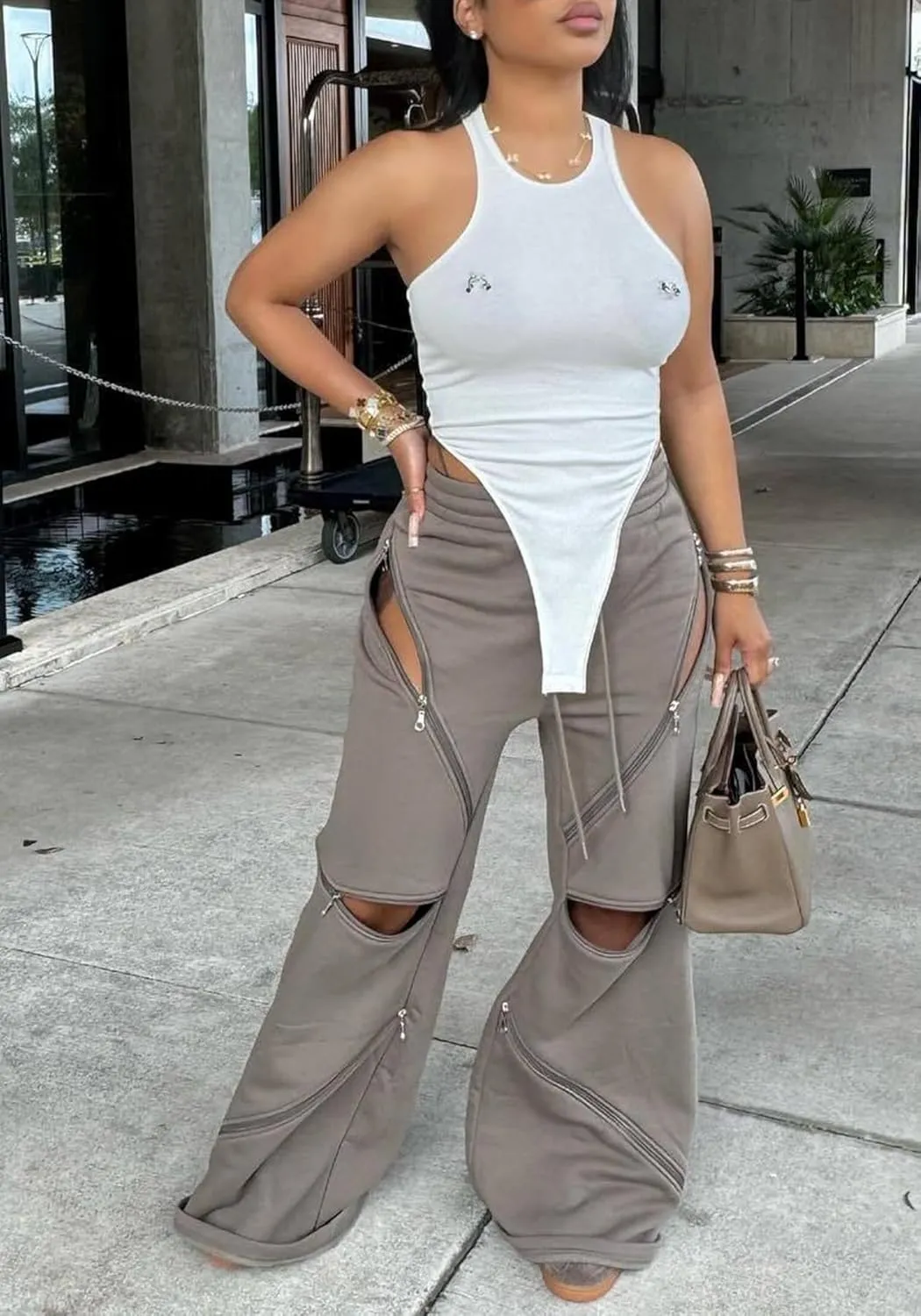 Unybwonn Women High Waist Wide Leg Y2k Sweatpants Baggy Patchwork Multi Zipper Ripped Cutout Joggers Pants Streetwear