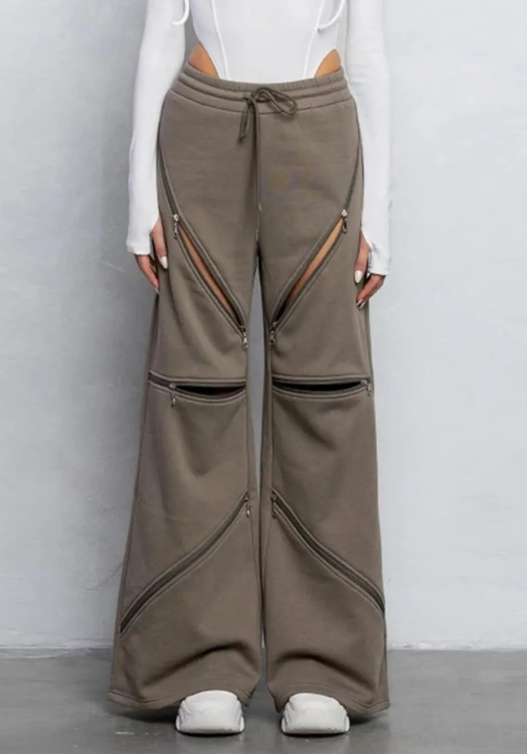 Unybwonn Women High Waist Wide Leg Y2k Sweatpants Baggy Patchwork Multi Zipper Ripped Cutout Joggers Pants Streetwear