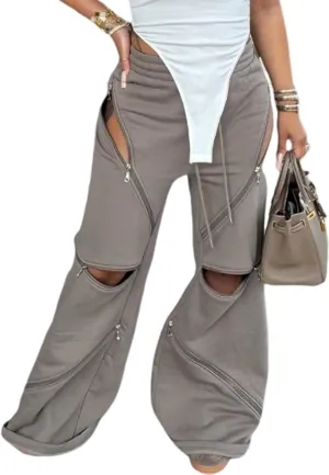 Unybwonn Women High Waist Wide Leg Y2k Sweatpants Baggy Patchwork Multi Zipper Ripped Cutout Joggers Pants Streetwear
