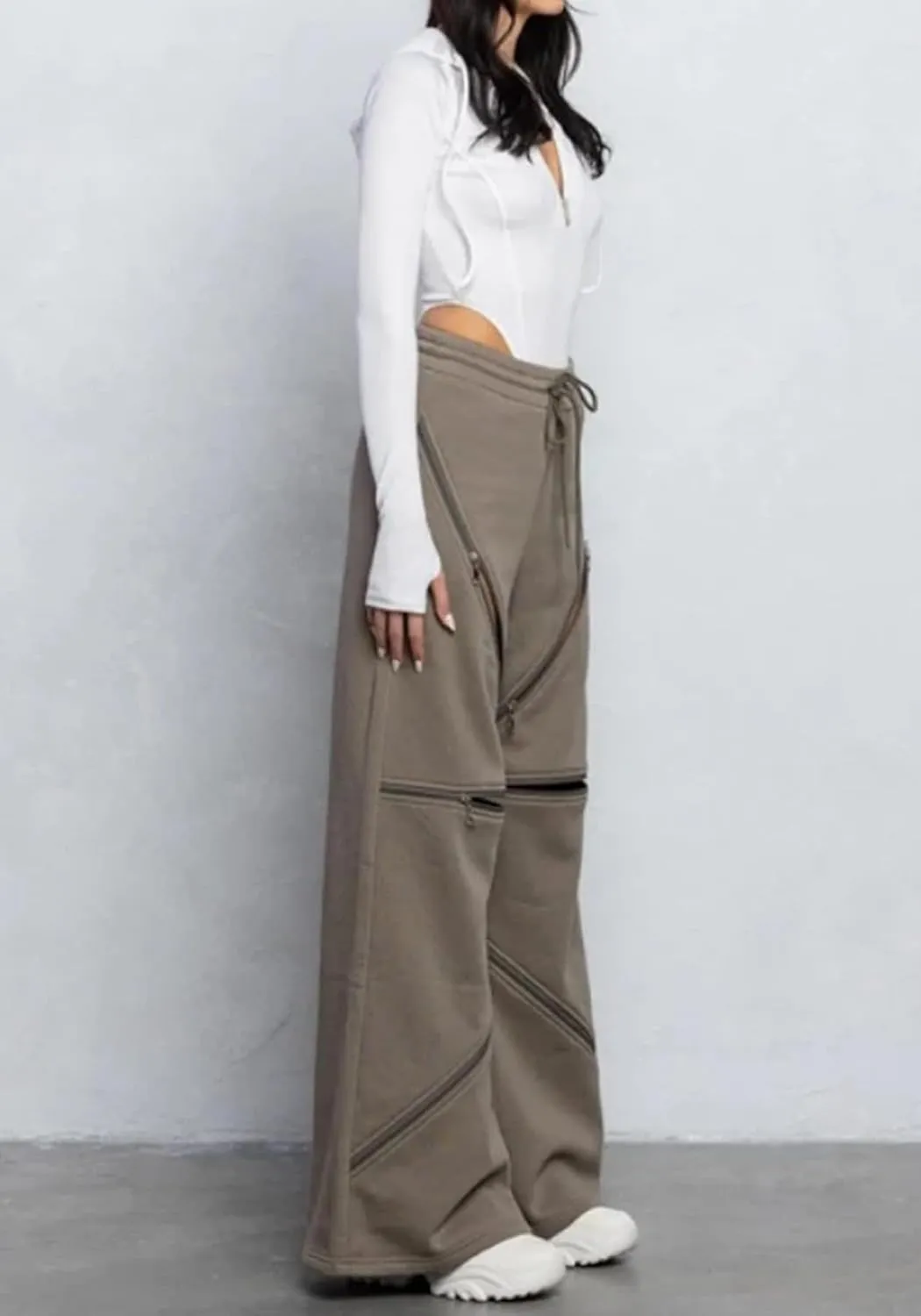 Unybwonn Women High Waist Wide Leg Y2k Sweatpants Baggy Patchwork Multi Zipper Ripped Cutout Joggers Pants Streetwear