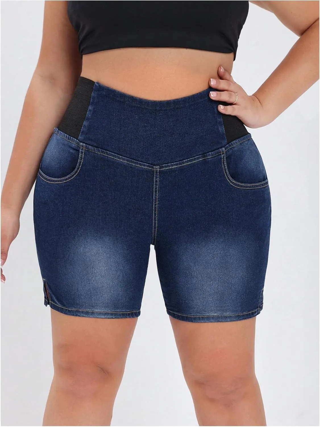 Verdusa Women's Plus Size Casual Jean Shorts High Waisted Stretchy Denim Bottoms with Pockets