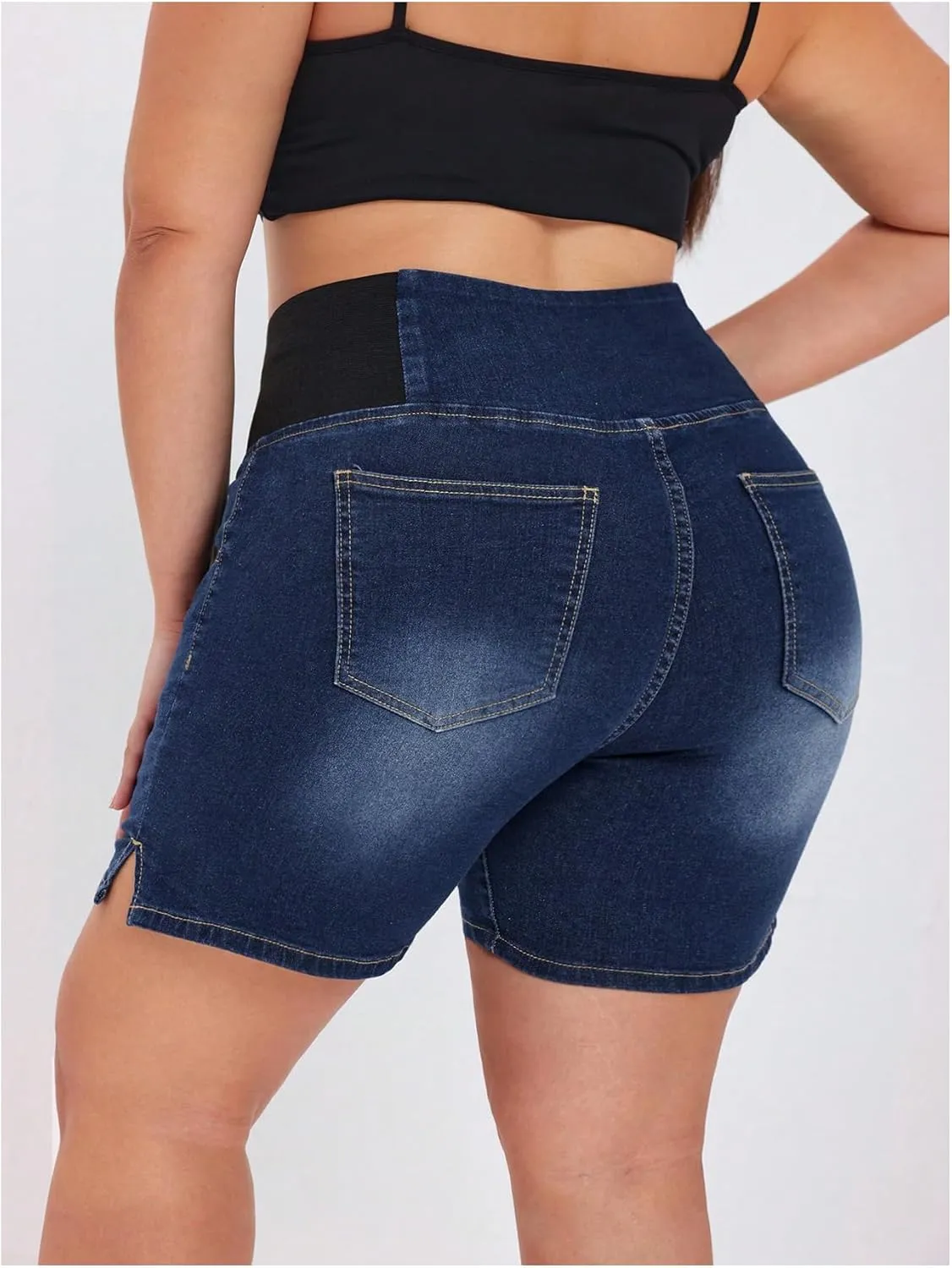 Verdusa Women's Plus Size Casual Jean Shorts High Waisted Stretchy Denim Bottoms with Pockets