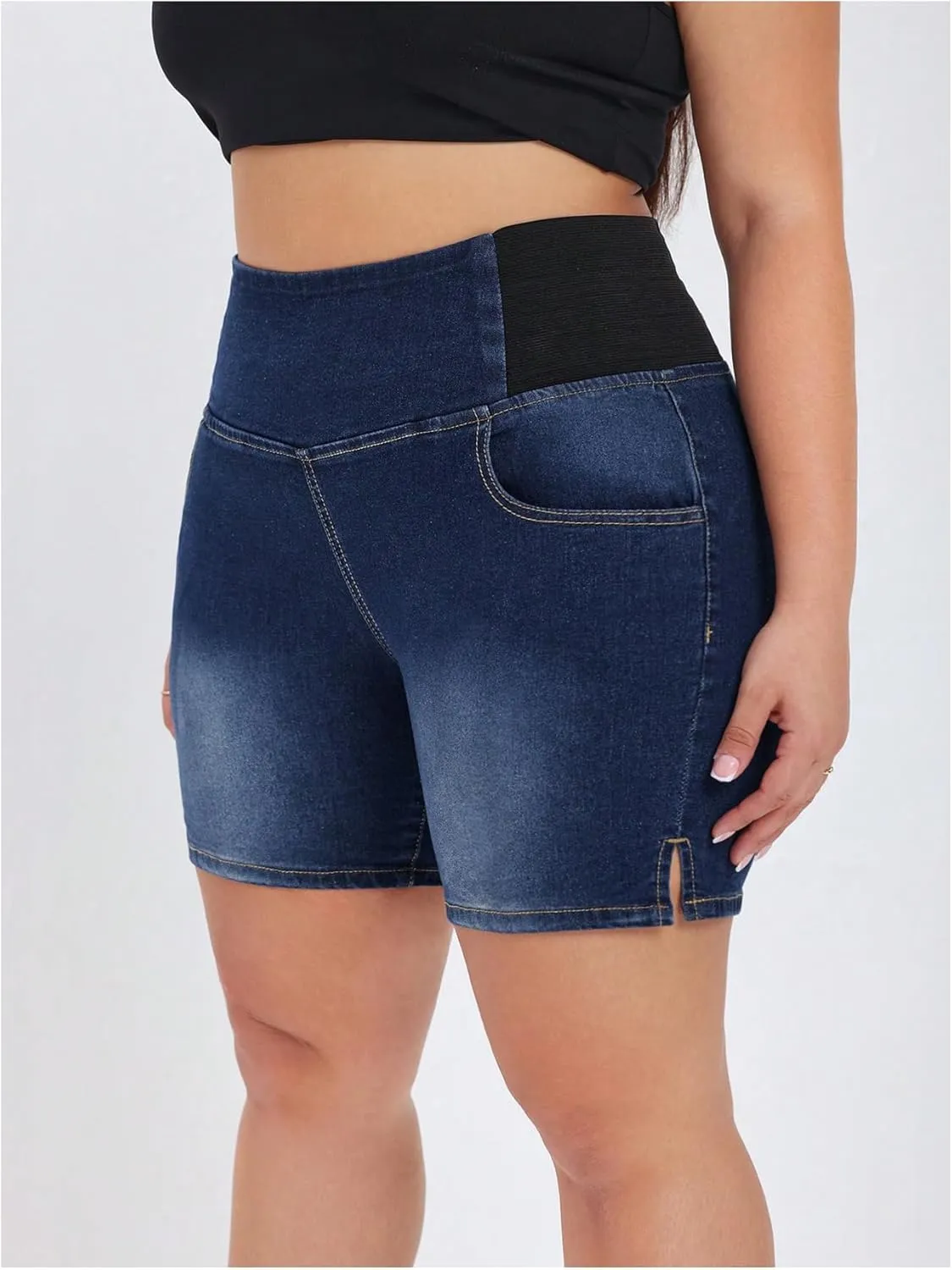 Verdusa Women's Plus Size Casual Jean Shorts High Waisted Stretchy Denim Bottoms with Pockets