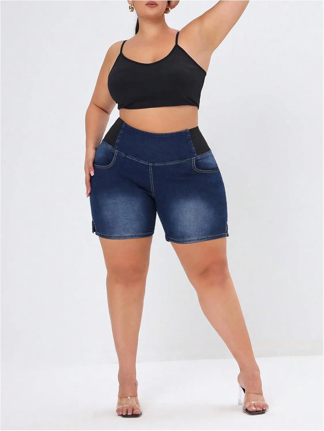Verdusa Women's Plus Size Casual Jean Shorts High Waisted Stretchy Denim Bottoms with Pockets