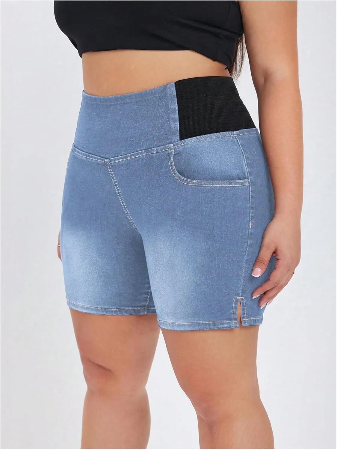 Verdusa Women's Plus Size Casual Jean Shorts High Waisted Stretchy Denim Bottoms with Pockets