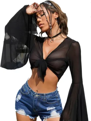 Verdusa Women's Tie Front Bell Long Sleeve Blouse Sheer Mesh Crop Top
