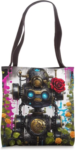 Vintage Steampunk Robot Dystopian Roses Geek Nerd Graphic Tote Bag