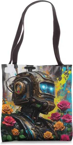 Vintage Steampunk Robot Roses Dystopian Geek Nerd Design Tote Bag