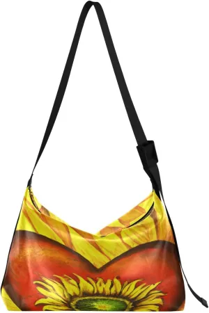 Vintage Sunflower Heart Hobo Crossbody Bags for Women Leather Large Shoulder Bag Cross Body Baroque Artistic Trendy Womens Tote Bags Handbag for Travel Shopping