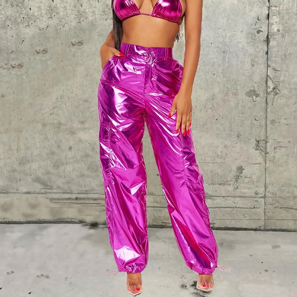 VOIKERDR Women's Jogger Pants Shiny Metallic High Waist Stretchy Trousers Wide Leg Parachute Pants