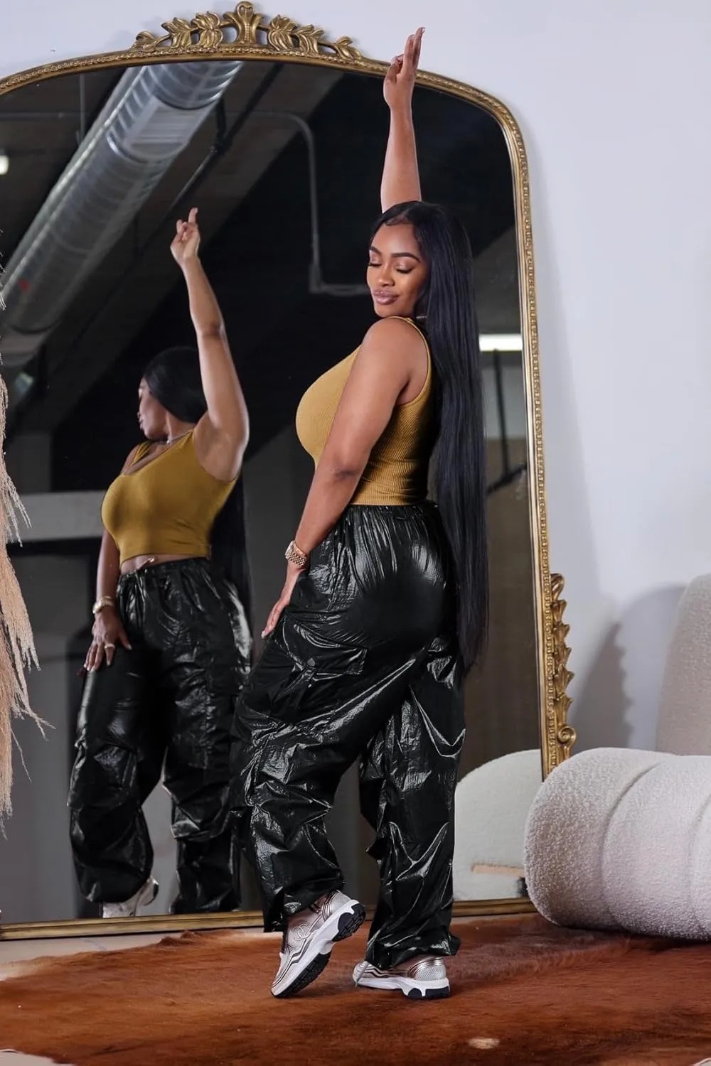 VOIKERDR Women's Jogger Pants Shiny Metallic High Waist Stretchy Trousers Wide Leg Parachute Pants