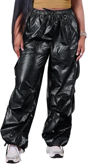 VOIKERDR Women's Jogger Pants Shiny Metallic High Waist Stretchy Trousers Wide Leg Parachute Pants