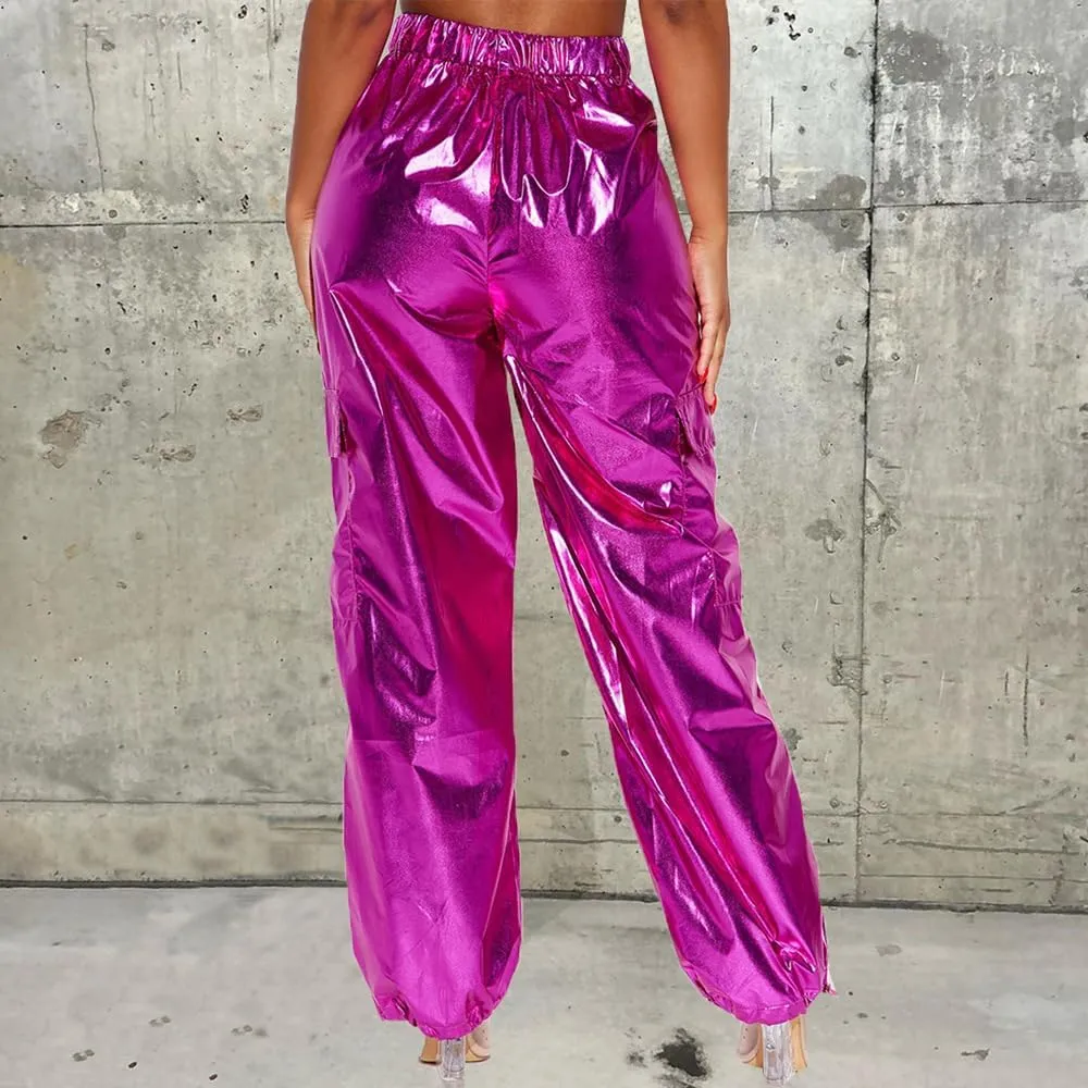 VOIKERDR Women's Jogger Pants Shiny Metallic High Waist Stretchy Trousers Wide Leg Parachute Pants