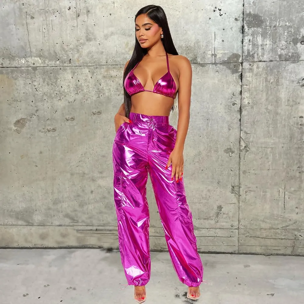 VOIKERDR Women's Jogger Pants Shiny Metallic High Waist Stretchy Trousers Wide Leg Parachute Pants