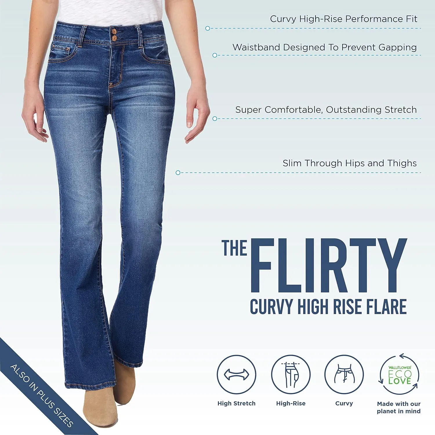 WallFlower Women's Flirty Curvy Flare High Rise Insta Stretch Juniors Jeans (Standard and Plus)