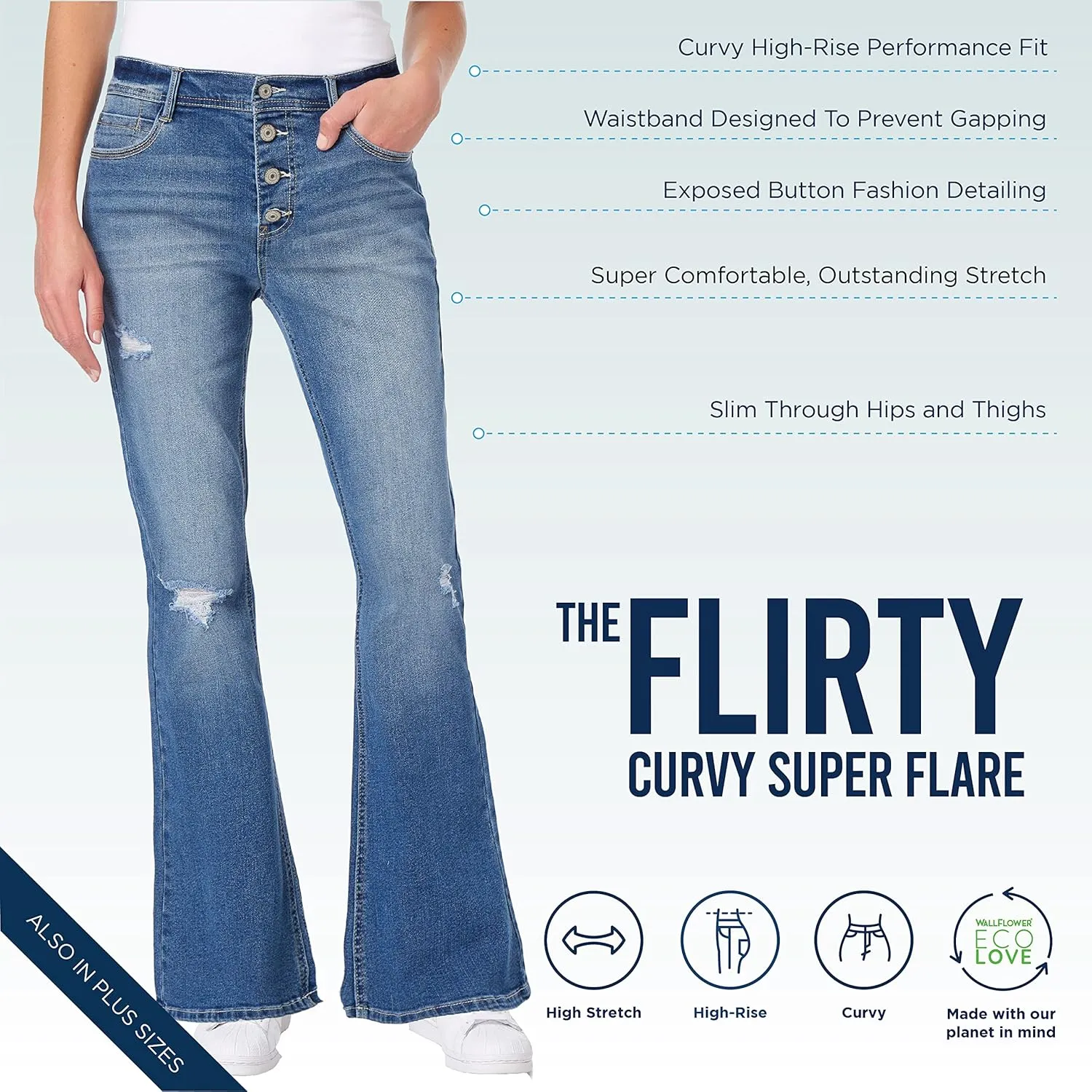 WallFlower Women's Flirty Curvy Flare High Rise Insta Stretch Juniors Jeans (Standard and Plus)