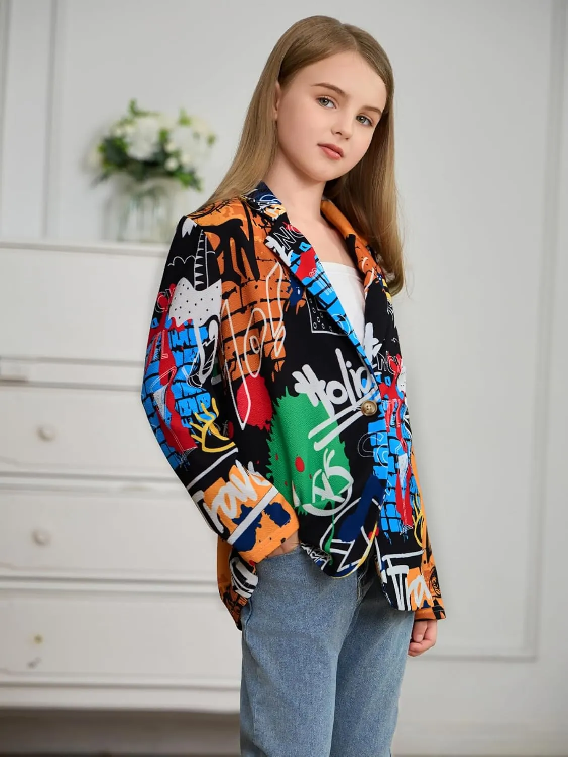 WDIRARA Girl's Graffiti Print Button Down Suit Blazer Lapel Neck Long Sleeve Casual Jacket