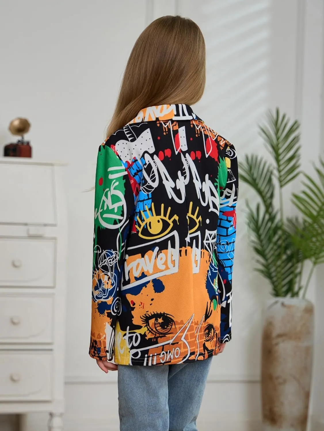 WDIRARA Girl's Graffiti Print Button Down Suit Blazer Lapel Neck Long Sleeve Casual Jacket