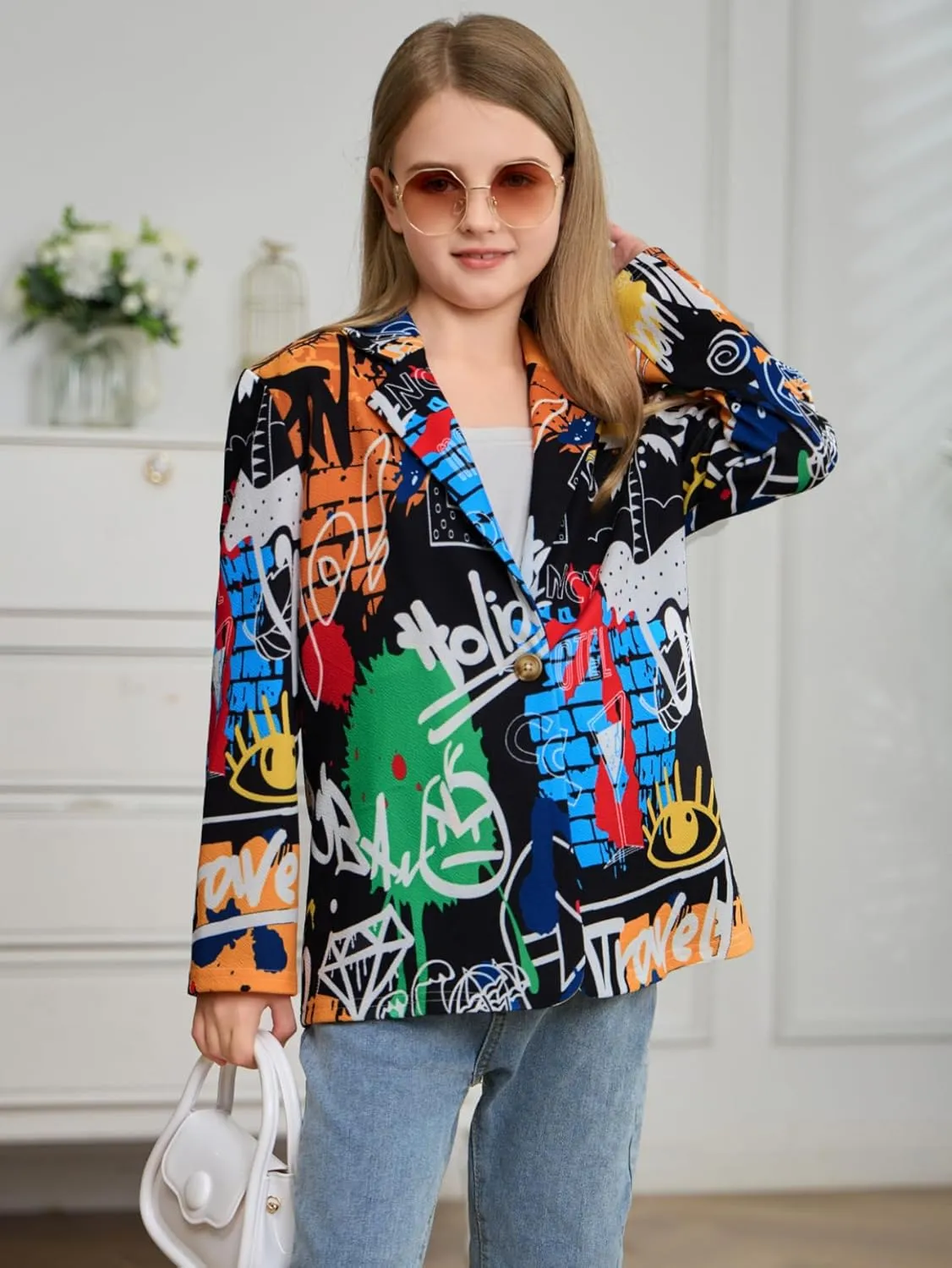 WDIRARA Girl's Graffiti Print Button Down Suit Blazer Lapel Neck Long Sleeve Casual Jacket