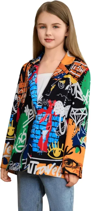 WDIRARA Girl's Graffiti Print Button Down Suit Blazer Lapel Neck Long Sleeve Casual Jacket
