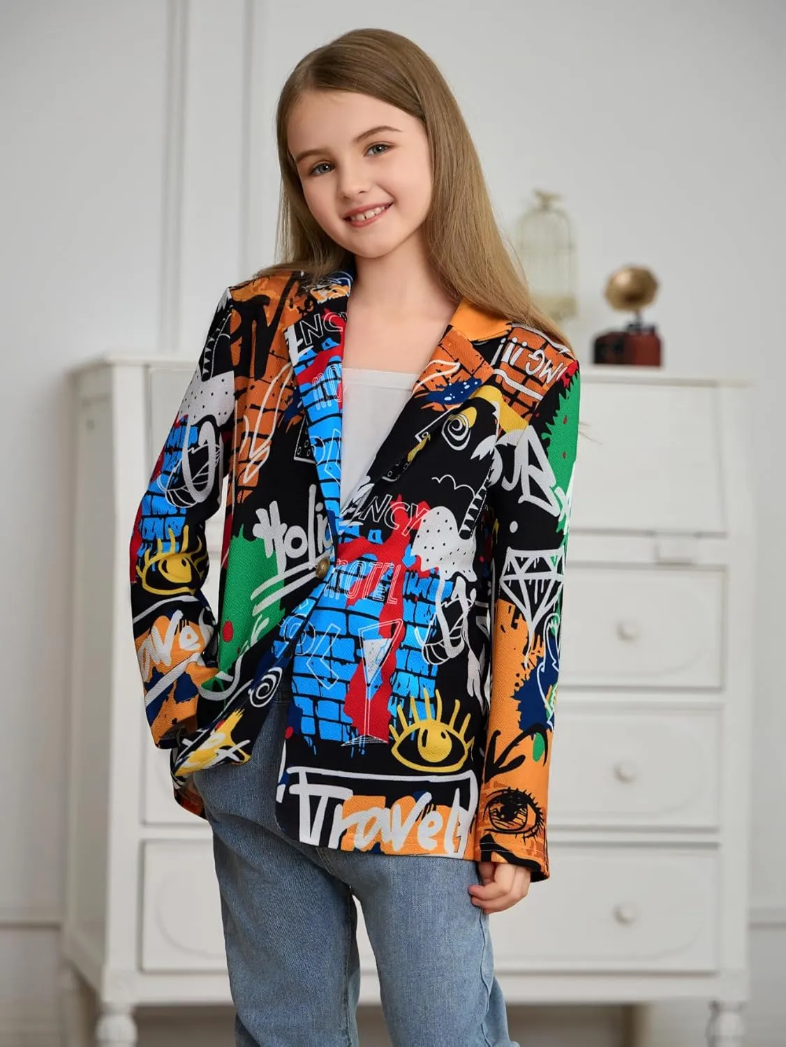 WDIRARA Girl's Graffiti Print Button Down Suit Blazer Lapel Neck Long Sleeve Casual Jacket