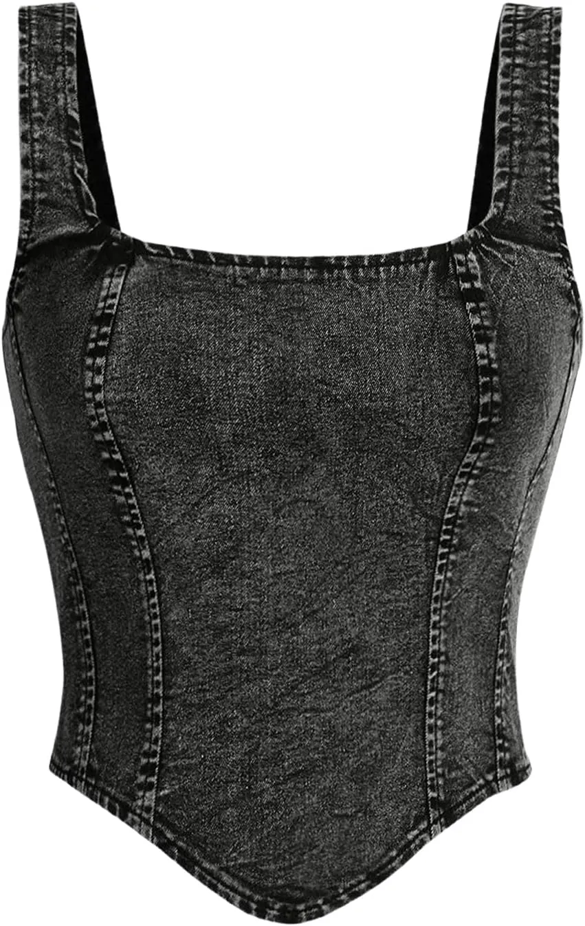 WDIRARA Women's Denim Corset Tank Top Asymmetrical Hem Crop Tops Sleeveless Zip Up Back Tanks