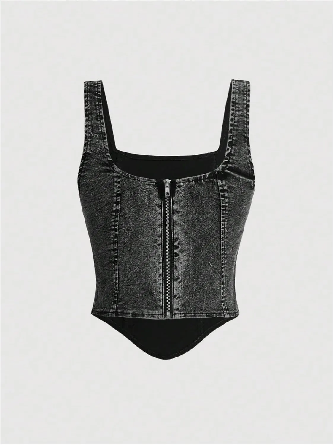 WDIRARA Women's Denim Corset Tank Top Asymmetrical Hem Crop Tops Sleeveless Zip Up Back Tanks