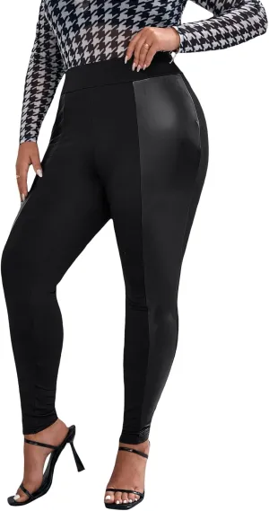 WDIRARA Women's Plus Size High Waist PU Leather Leggings Stretch Skinny Pants
