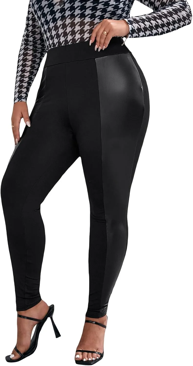 WDIRARA Women's Plus Size High Waist PU Leather Leggings Stretch Skinny Pants