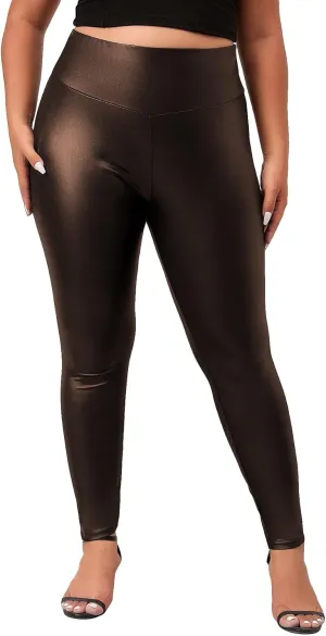 WDIRARA Women's Plus Size High Waisted PU Leather Stretchy Leggings Skinny Pants