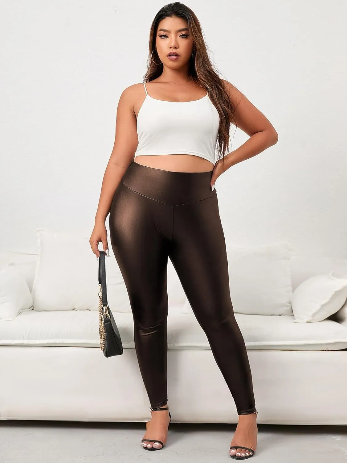 WDIRARA Women's Plus Size High Waisted PU Leather Stretchy Leggings Skinny Pants