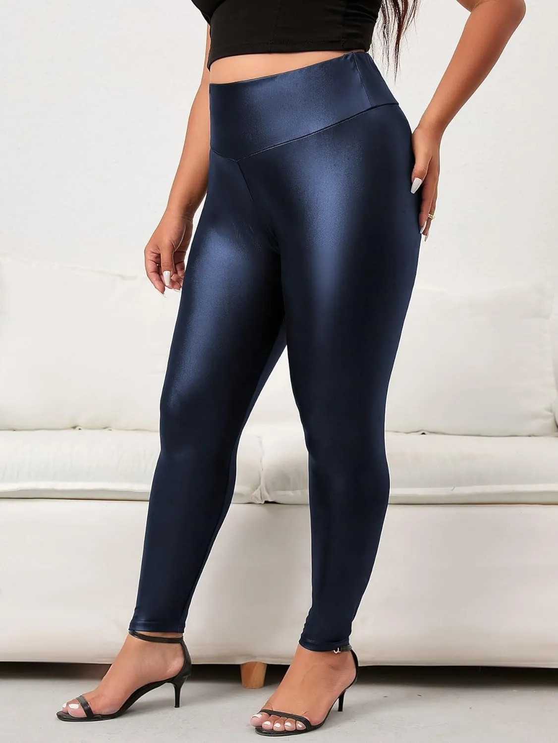 WDIRARA Women's Plus Size High Waisted PU Leather Stretchy Leggings Skinny Pants