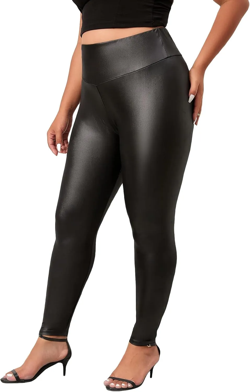 WDIRARA Women's Plus Size High Waisted PU Leather Stretchy Leggings Skinny Pants