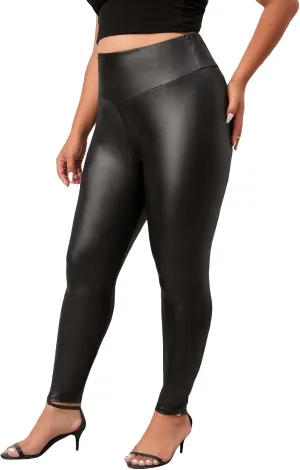 WDIRARA Women's Plus Size High Waisted PU Leather Stretchy Leggings Skinny Pants
