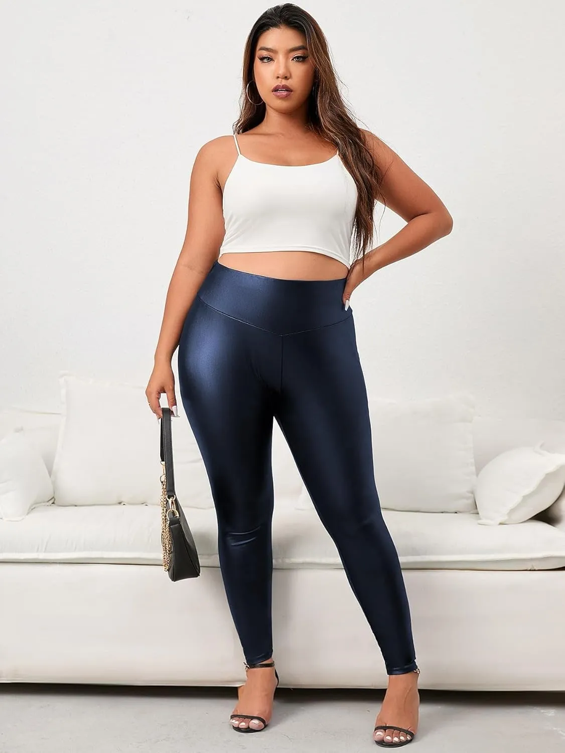WDIRARA Women's Plus Size High Waisted PU Leather Stretchy Leggings Skinny Pants