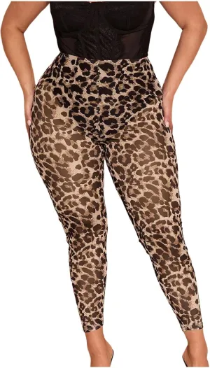 WDIRARA Women's Plus Size Leopard Print Leggings Sheer Mesh High Waist Skinny Pants
