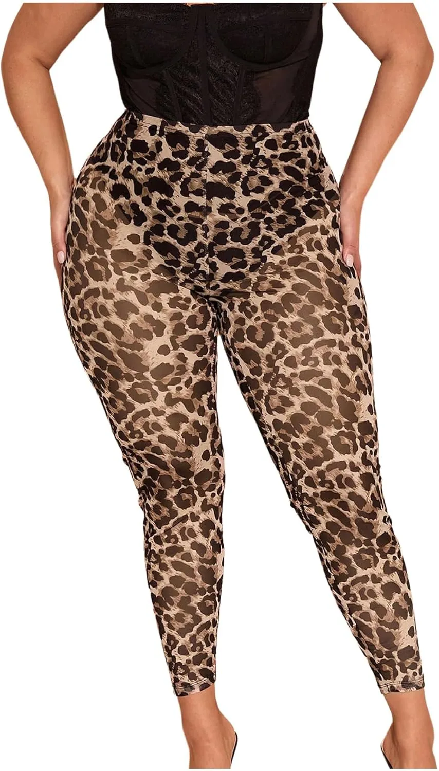 WDIRARA Women's Plus Size Leopard Print Leggings Sheer Mesh High Waist Skinny Pants