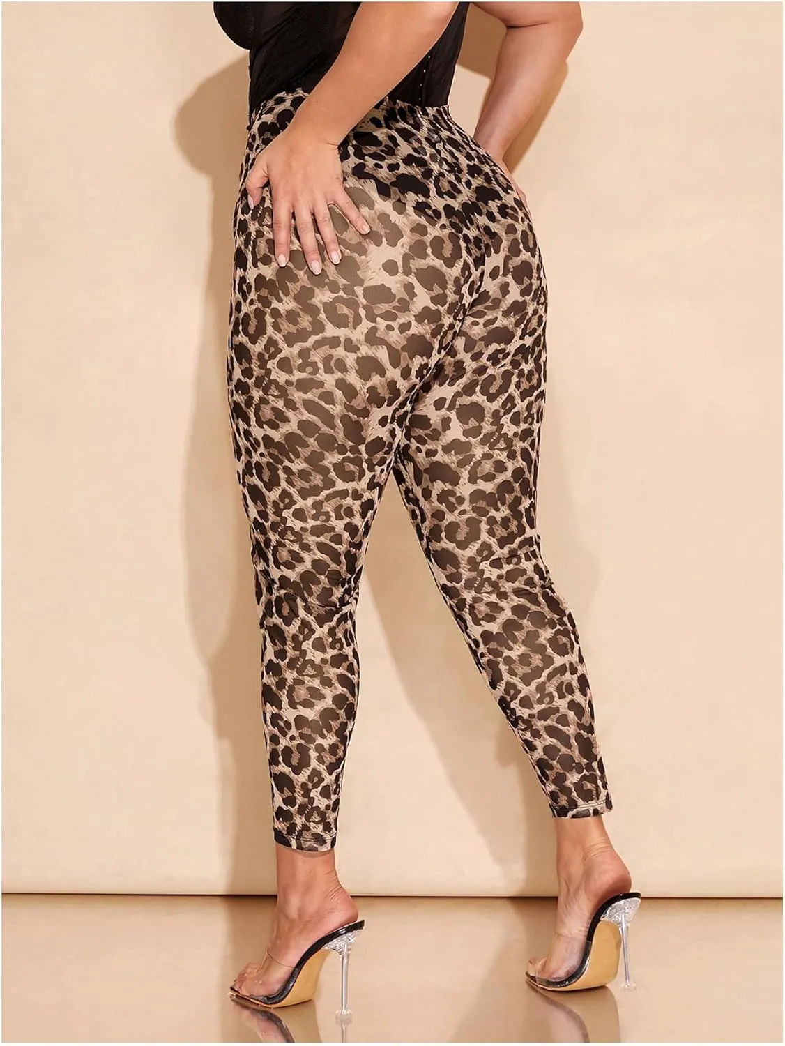 WDIRARA Women's Plus Size Leopard Print Leggings Sheer Mesh High Waist Skinny Pants