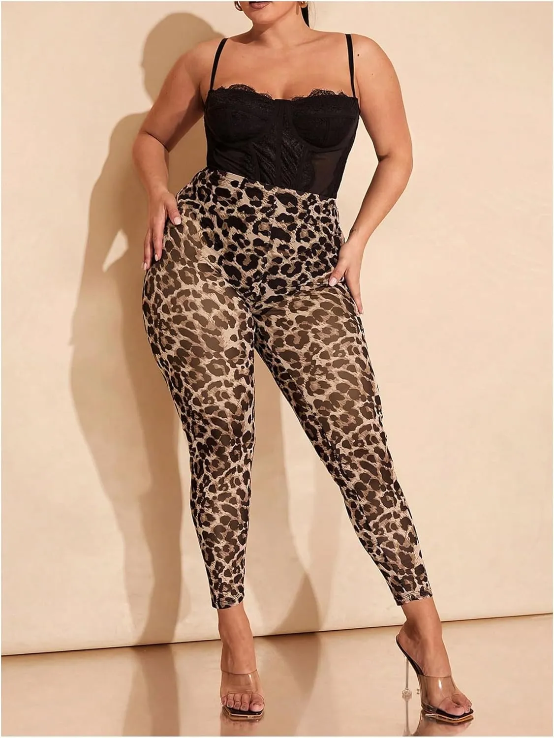 WDIRARA Women's Plus Size Leopard Print Leggings Sheer Mesh High Waist Skinny Pants