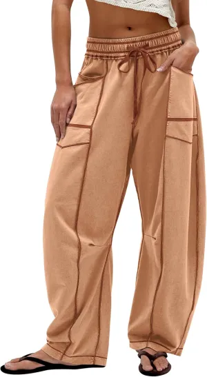Wide Leg Barrel Sweatpants for Women Babby Palazzo Pants Drawstring High Waist Color Block Lounge Sweat Pant
