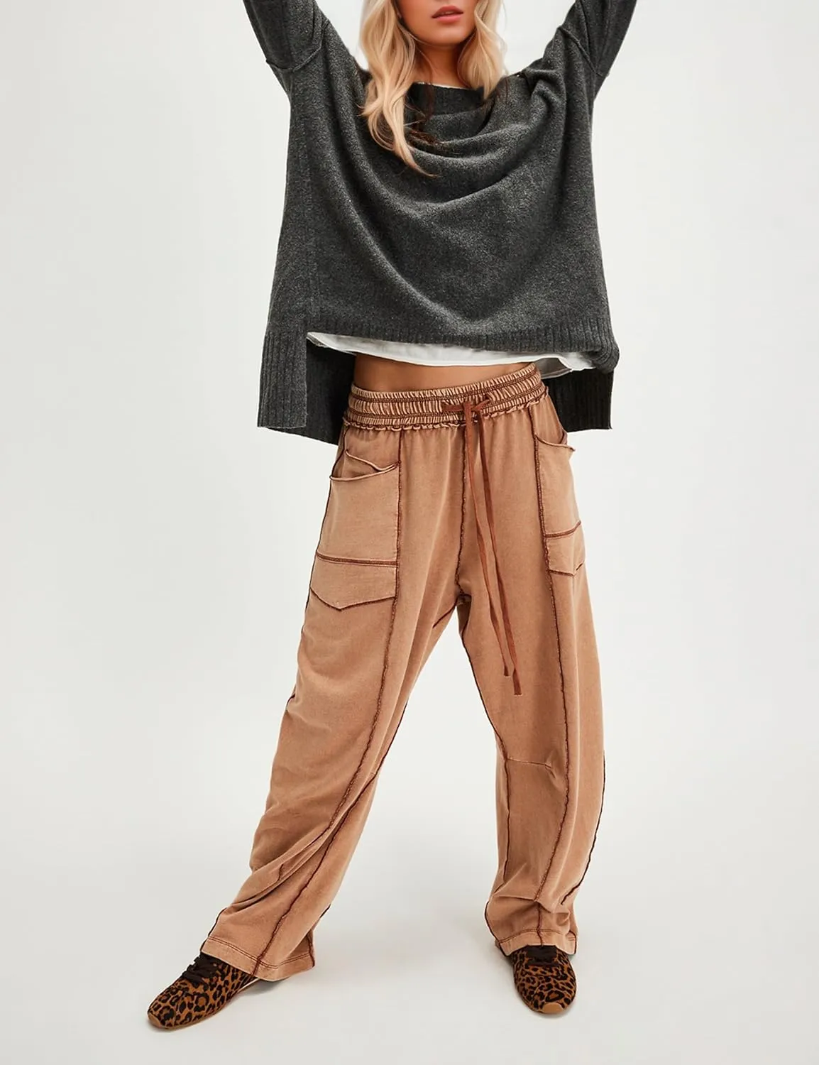 Wide Leg Barrel Sweatpants for Women Babby Palazzo Pants Drawstring High Waist Color Block Lounge Sweat Pant