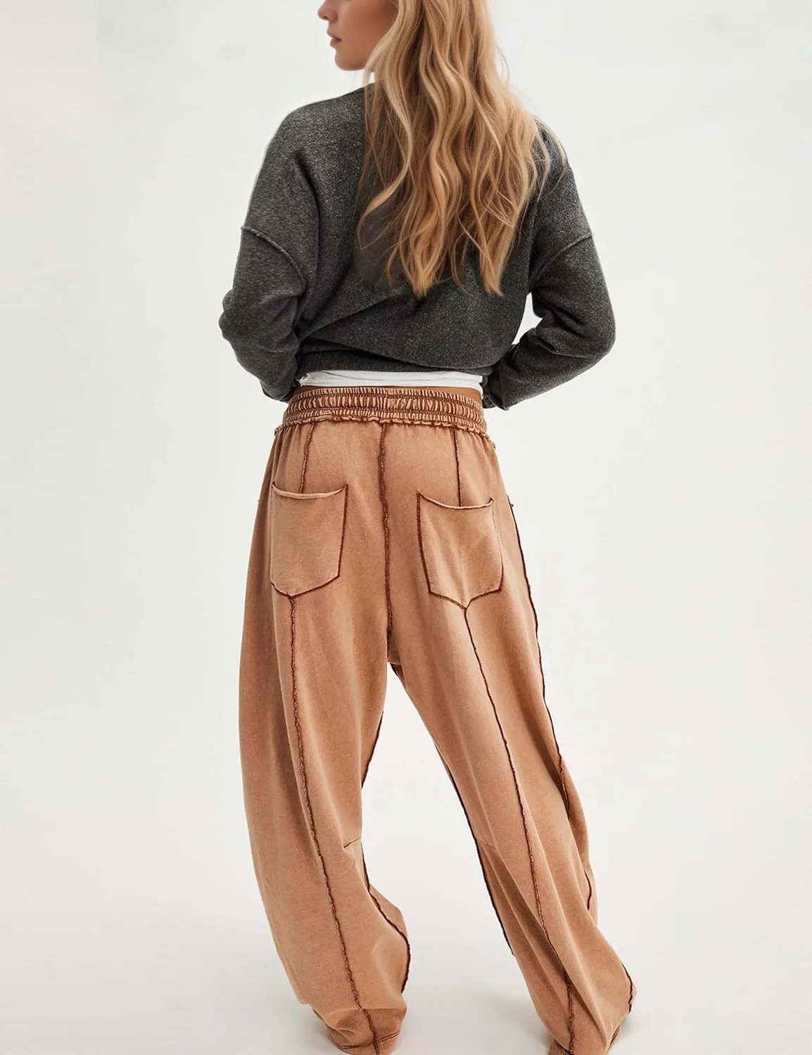 Wide Leg Barrel Sweatpants for Women Babby Palazzo Pants Drawstring High Waist Color Block Lounge Sweat Pant