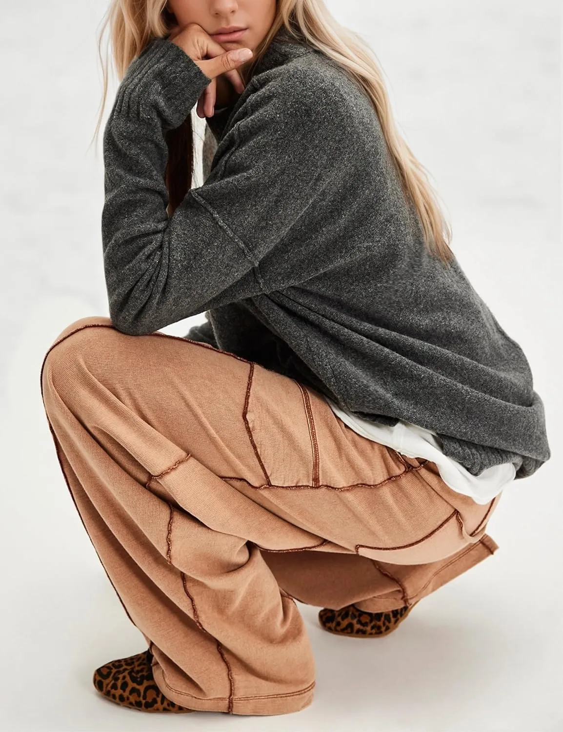 Wide Leg Barrel Sweatpants for Women Babby Palazzo Pants Drawstring High Waist Color Block Lounge Sweat Pant