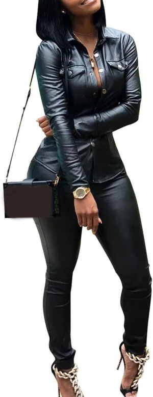 Women 2 Piece Outfits PU Leather Long Sleeve Jacket Top and Bodycon Pants Suits